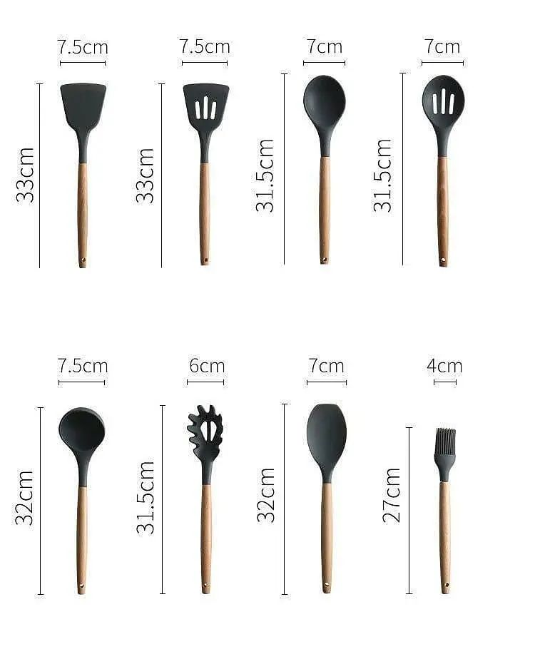 Кухонний набір Silikone Kitchen Set чорний з силікону з бамбуковою ручкою з 12 предметів - фото 6