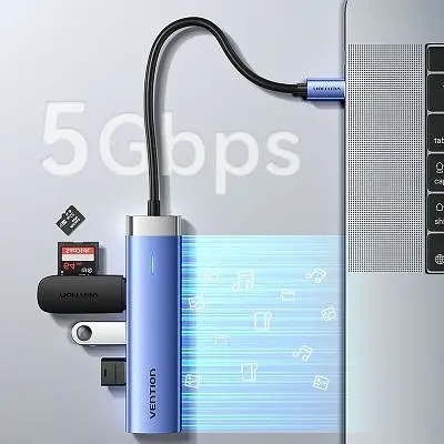 Концентратор Vention USB 3.1 Type-C to HDMI/USB 3.0x3/PD 100W Blue Aluminum Alloy Hub 5-in-1 (TGESB) - фото 6