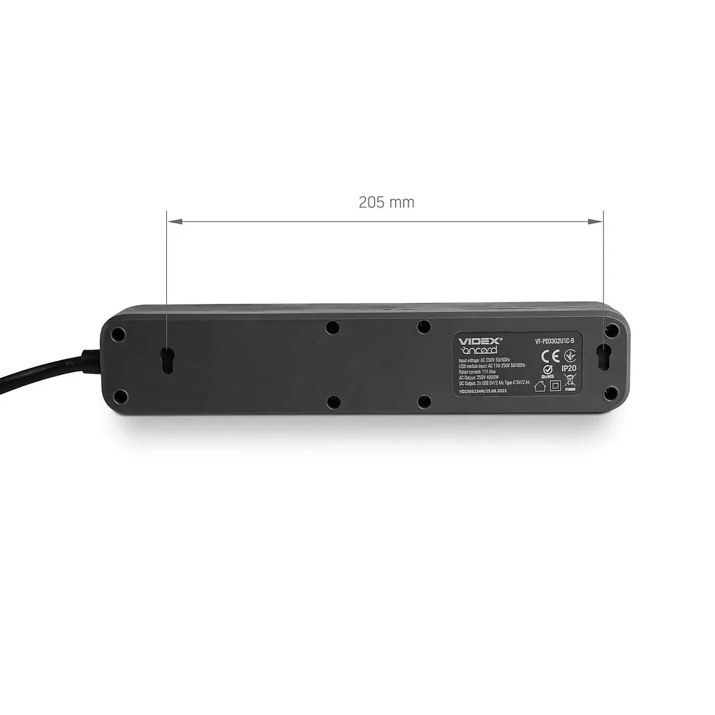 Мережевий подовжувач VIDEX ONCORD з/з 3п 3м (3x1.5мм) 2.4А 2USB+USB-C з кнопкою Black VIDEX (27694-000) - фото 7