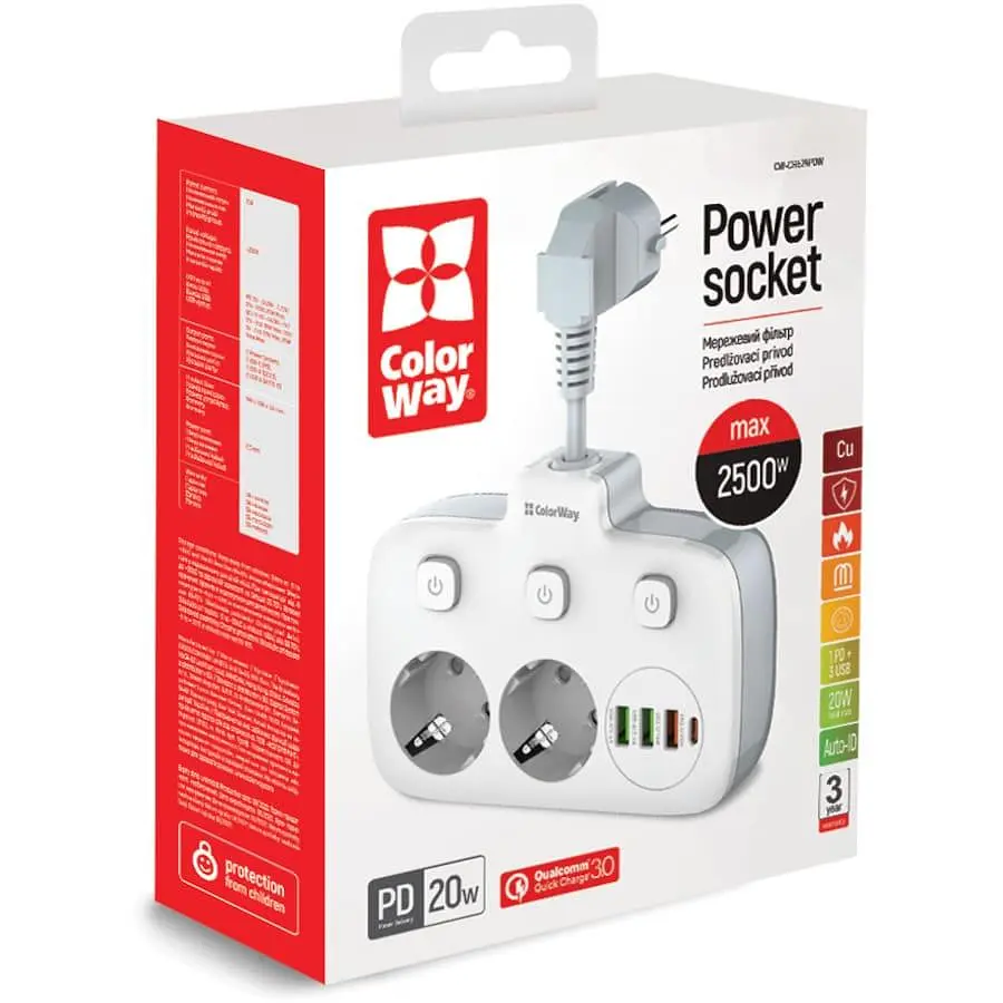 Мережевий фільтр ColorWay olorWay 2x220V/3xUSB-A/1xUSB-C (CW-CHE24PDW) - фото 8
