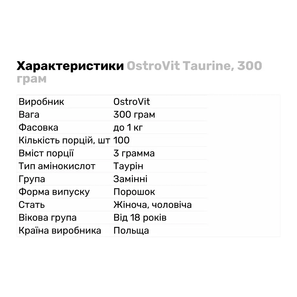 Аминокислота OstroVit Taurine, 300 грамм - фото 2