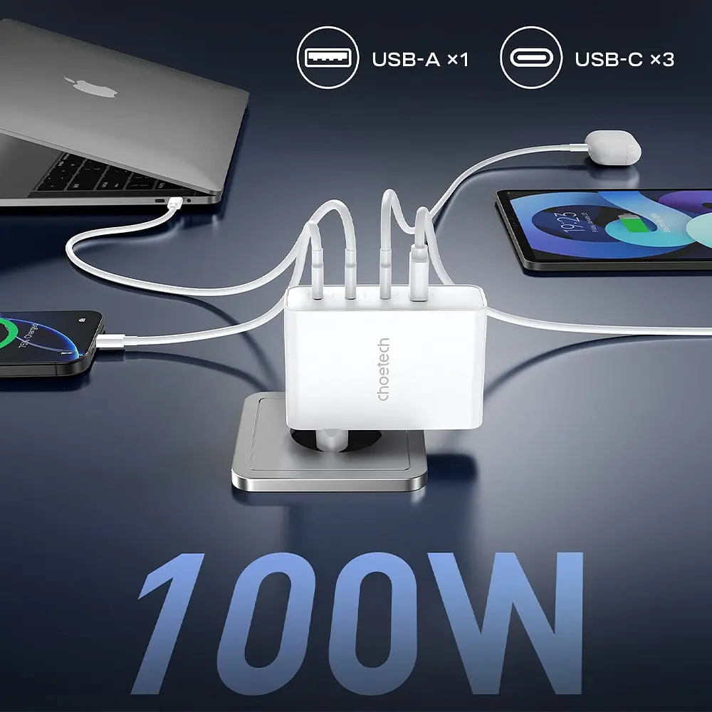 Мережевий зарядний пристрій Choetech PD9002 PD100W GAN USB-A+3xUSB-C White (43-00172) - фото 5