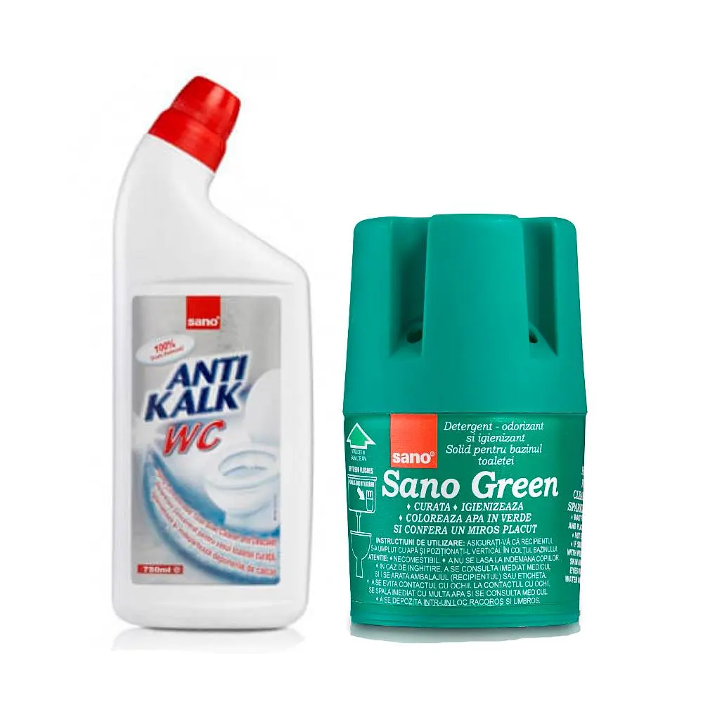 Засіб для чищення унітазів Sano Anti Kalk WC 750 мл & Sano Бачок для миття унітазу Green 150 г (287621, 935833)