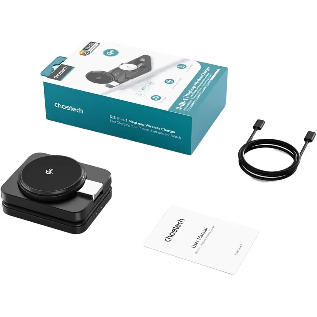 Бездротовий зарядний пристрій Choetech T636-F Qi2 3in1 Foldable Magsafe Wireless Charger Black [127160] - фото 7