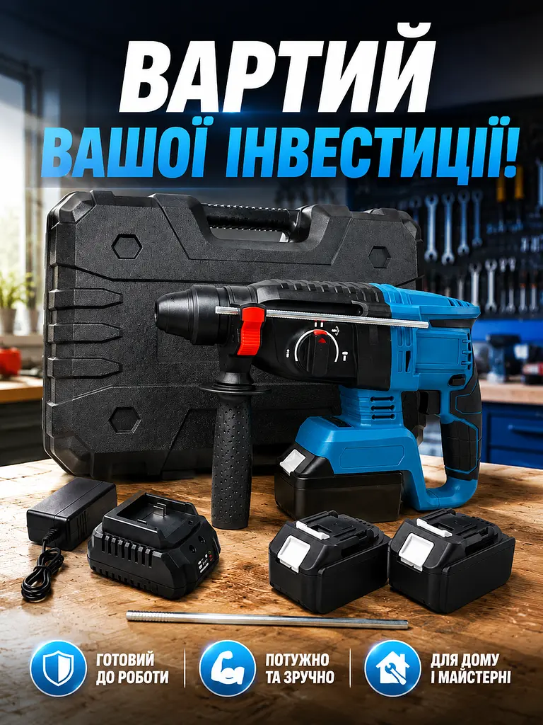 Дриль-перфоратор акумуляторний 48V з 2 АКБ і кейсом (49676013) - фото 8
