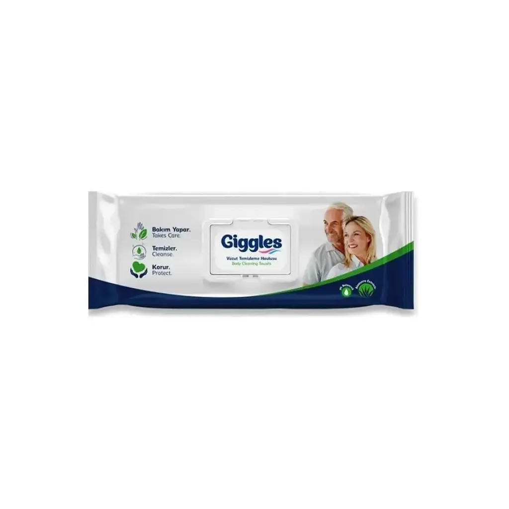 Вологі рукавички для миття всього тіла Giggles 21*24 см з клапоном 50 шт, урологічні, для лежачих хворих (8680131206124)