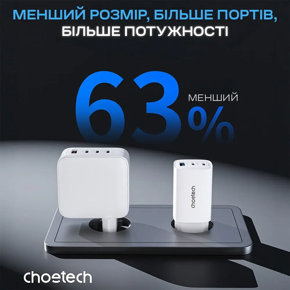 Мережевий зарядний пристрій Choetech PD9006 PD65W GAN USB-A+2xUSB-C White (43-00171) - фото 4