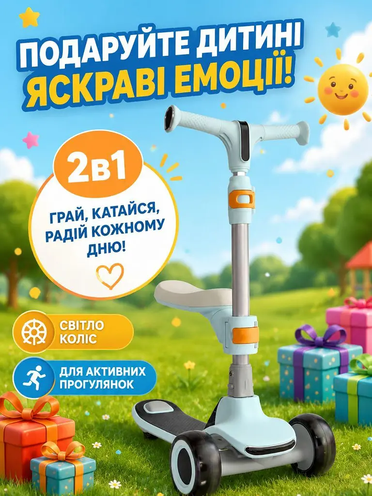 Дитячий самокат-біговел 2в1 блакитний із сидінням музикою та підсвічуванням коліс (49675960) - фото 9