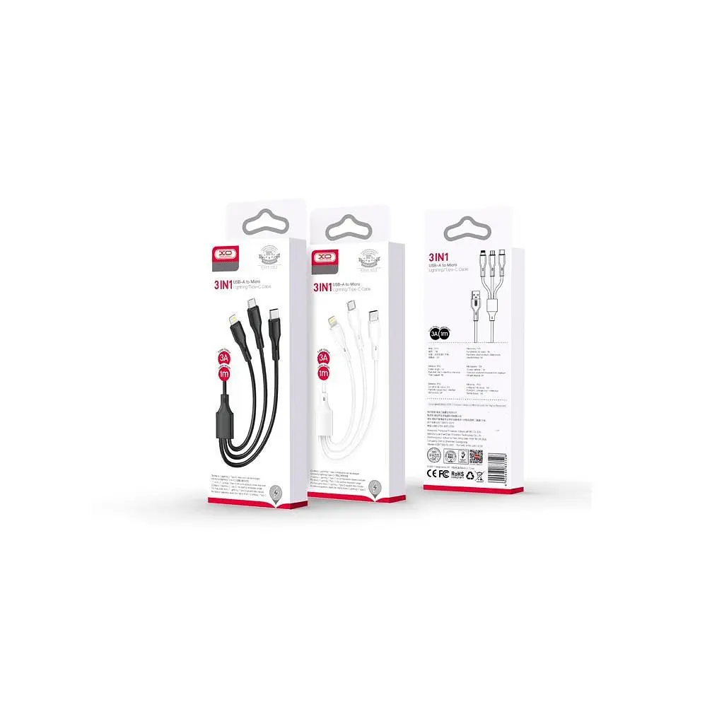Дата кабель USB 2.0 AM to Lightning + Micro 5P + Type-C 1.0m 2.4A XO (CB-23U3) - фото 2