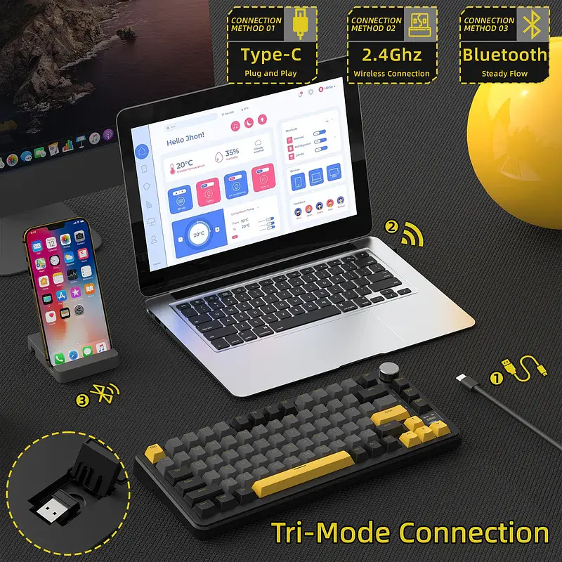 Ігрова механічна бездротова клавіатура Attack Shark X85 Pro / Три режими підключення / Blueberry Switch / Black - фото 4