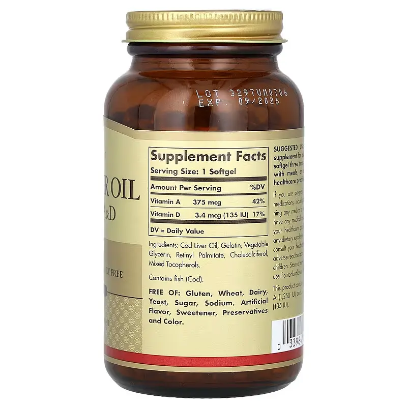 Жир Печінки Тріски (Вітаміни А та D) COD Liver Oil - 250 софтгель Solgar - фото 2