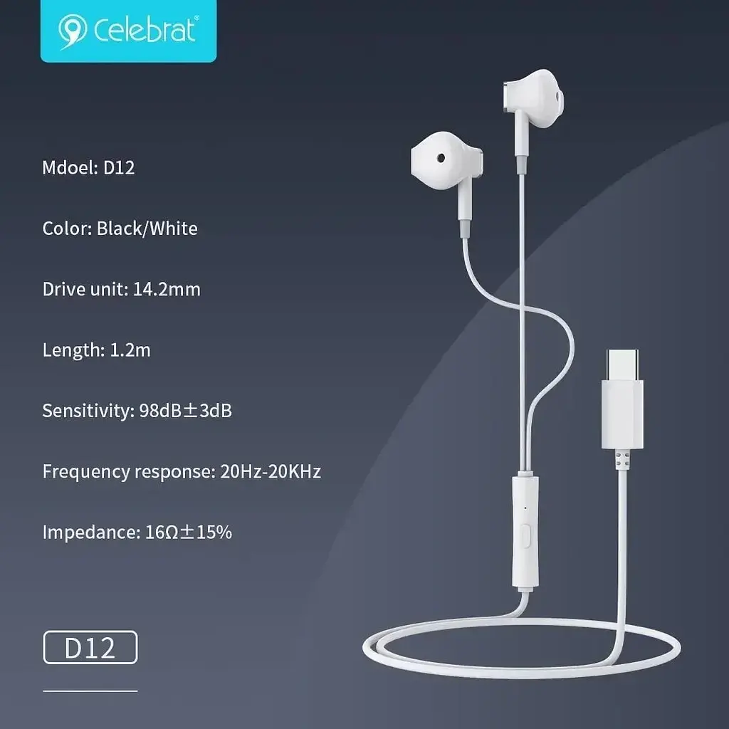 Навушники Celebrat D12 Wired Earphones With Type-C Connector White - фото 3