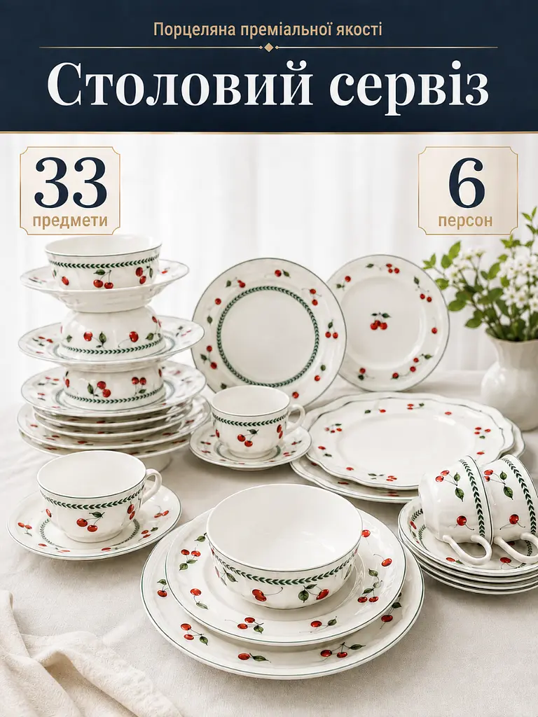 Столовий сервіз із порцеляни 33 предмети на 6 персон білий з вишнями (37261980) - фото 2