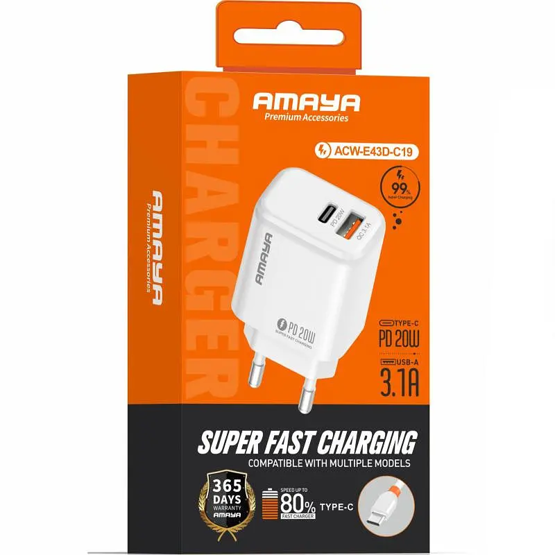 СЗУ Amaya E43D PD20W (1USB-A/1C) + кабель USB to Type-C White - фото 2