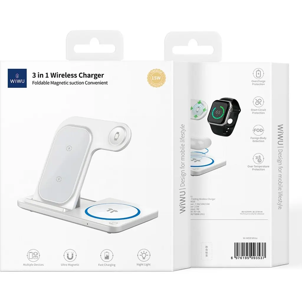 Бездротовий зарядний пристрій WiWU Wi-W020 Foldable Magnetic Station Wireless Charger 3in1 15W White (6976195093537) [99973] - фото 8