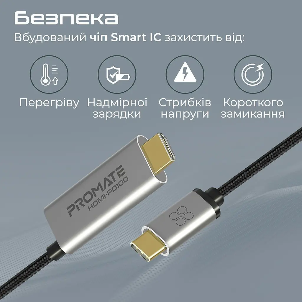 Кабель Promate HDMI-USB Type C V 2.0 1.8 м (hdmi-pd100.grey) - фото 6