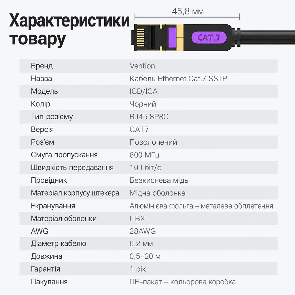 Мережевий патч-корд Ethernet Vention 3 м штекери RJ45 8P8C на обох кінцях Cat.7 до 10 Гбіт/с 600 МГц лише за підтримки цієї швидкості портами обох пристроїв у комплекті 2 прозорі пилозахисні ковпачки RJ45 екранування алюмінієвою фольгою та металевим обплетенням чорний із золотистими та фіолетовими акцентами (ICDBI) - фото 5