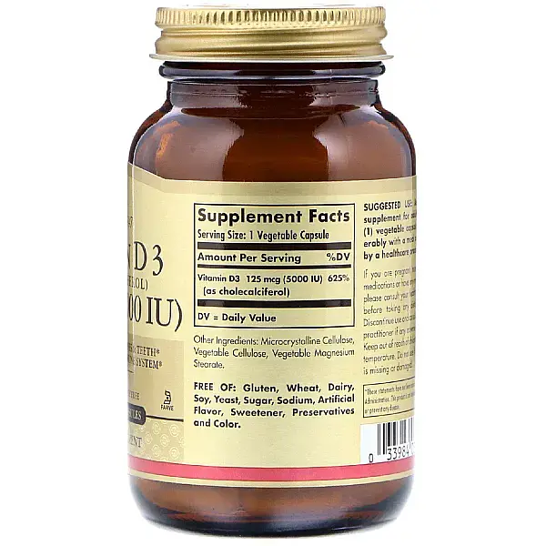 Витамин Д3 холекальциферол Solgar Vitamin D3 Cholecalciferol 5000 МЕ 125 мкг 120 вегетарианских капсул - фото 2
