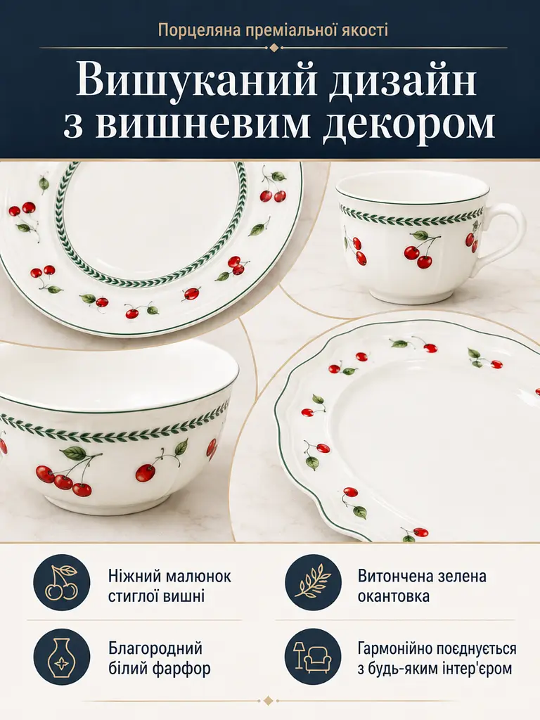 Столовий сервіз із порцеляни 33 предмети на 6 персон білий з вишнями (37261980) - фото 7