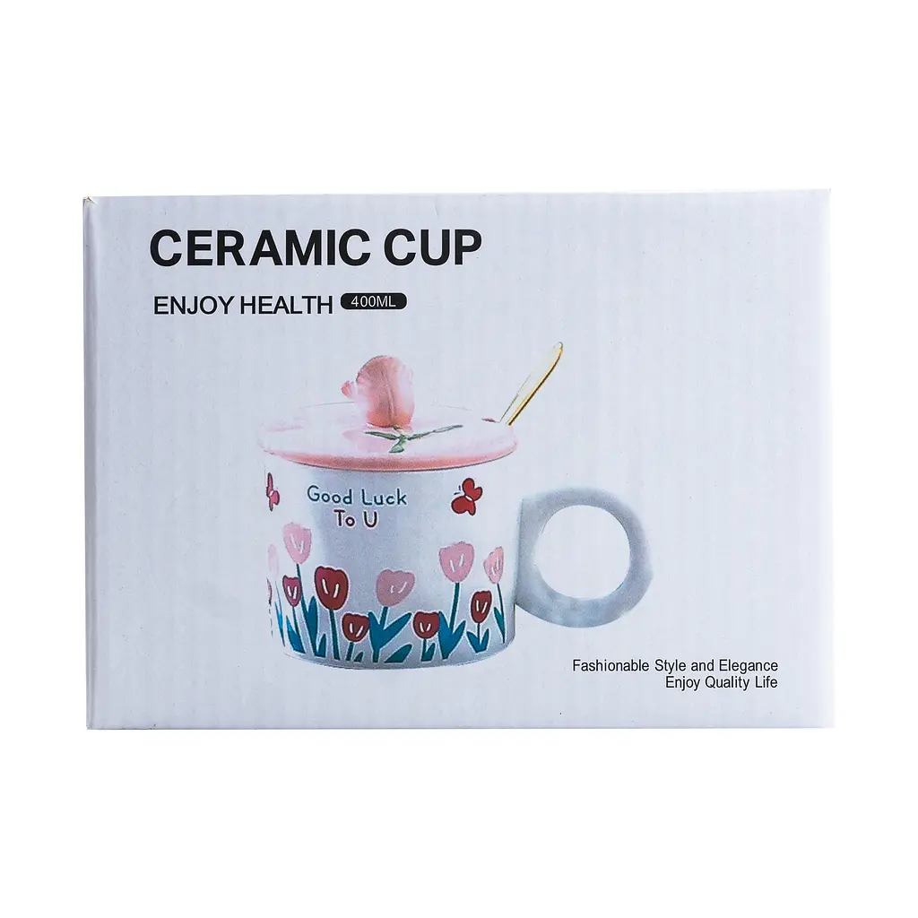 Чашка керамічна Happy Life Tulips з кришкою та ложкою блакитна 300 мл HP7190P - фото 6