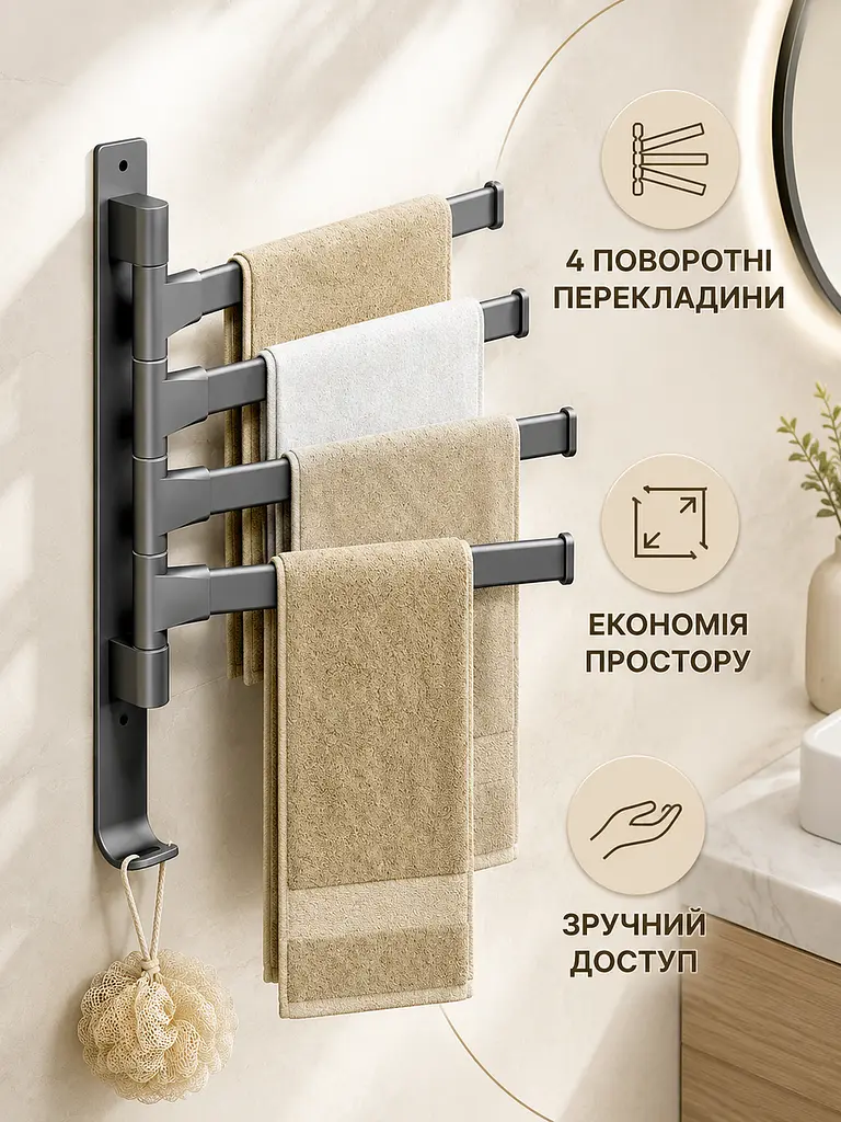 Настінний тримач для рушників поворотний із 4 перекладинами та гачком для ванної кімнати, чорний (49676113) - фото 4