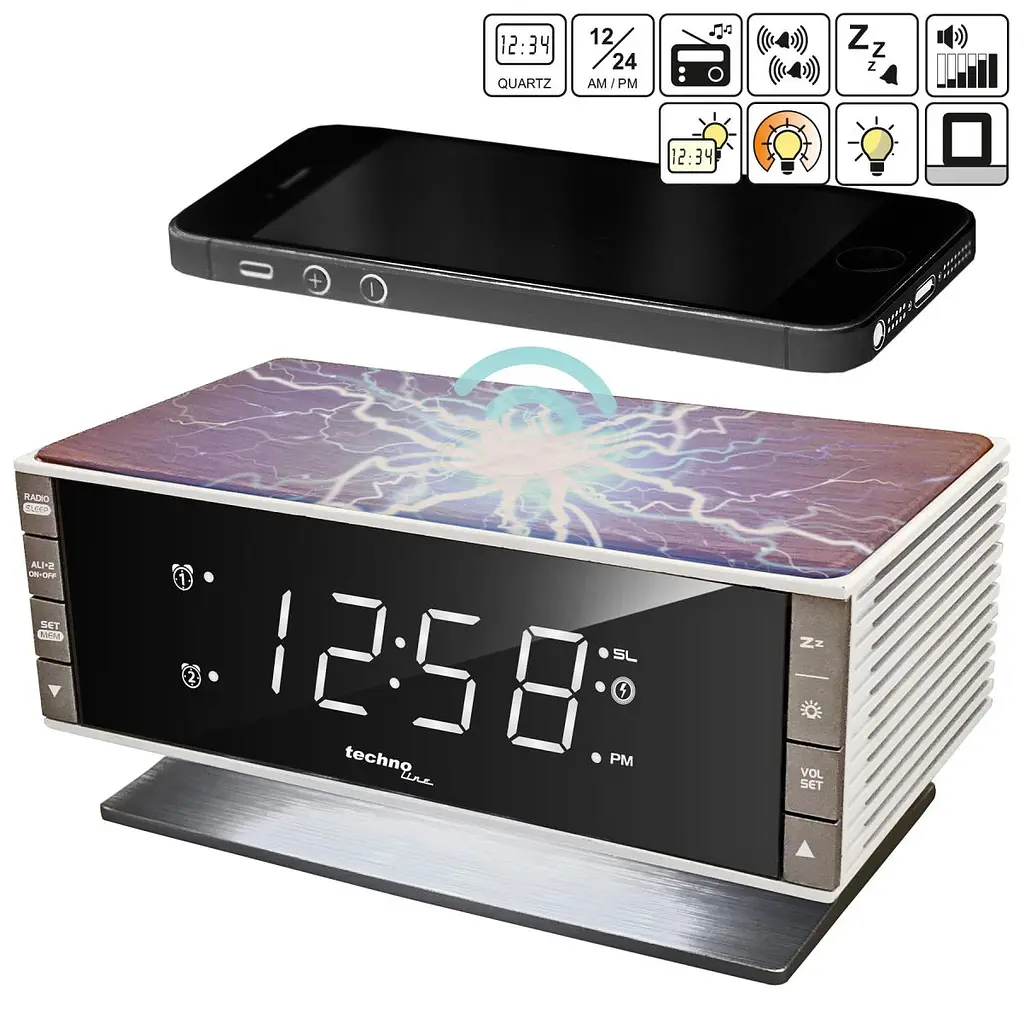Годинник настільний з радіо Technoline WT487 Wireless Mobile Charging White/Brown (WT487) - фото 5