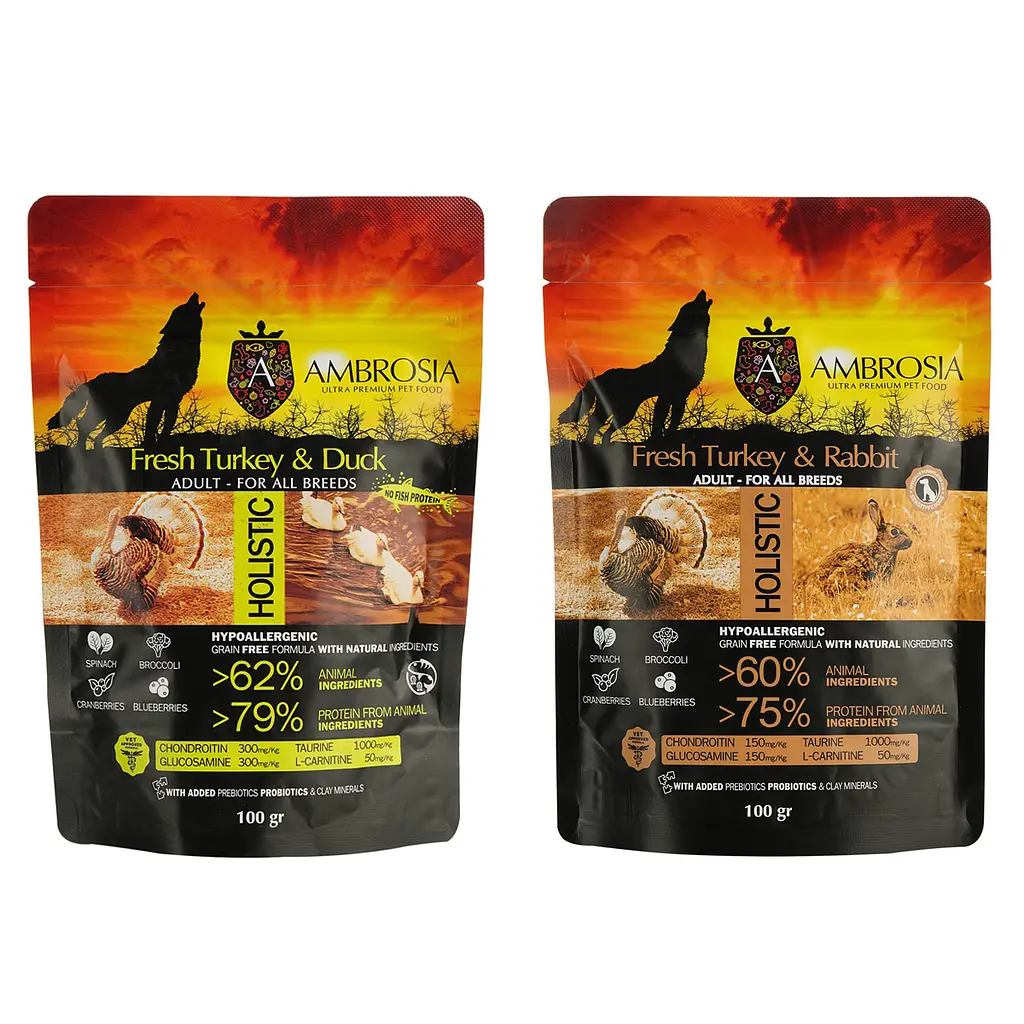 Набір: Корм сухий Ambrosia Grain Free Dog Adult Fresh Turkey & Duck для дорослих собак зі свіжою індичкою та качкою 100 г + Ambrosia Grain Free Dog Adult Sensitive Fresh Turkey & Rabbit для дорослих собак зі свіжою індичкою та кроликом 100 г