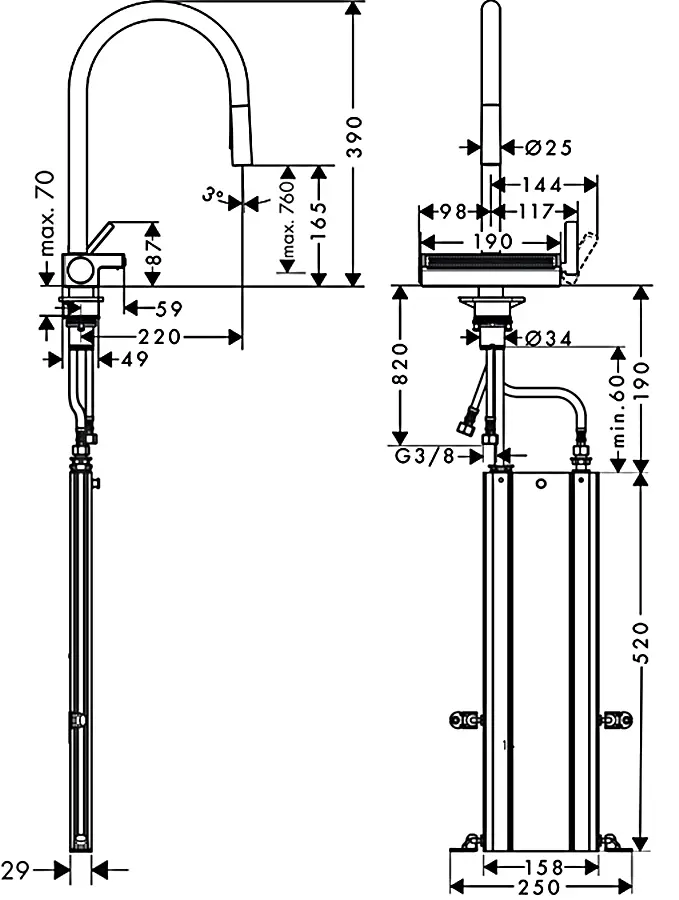 Змішувач Hansgrohe Aquno Select М81 170 3jet кухонний з витяжним виливом Sbox 73831800 Stainless Steel Нержавіюча сталь - фото 2