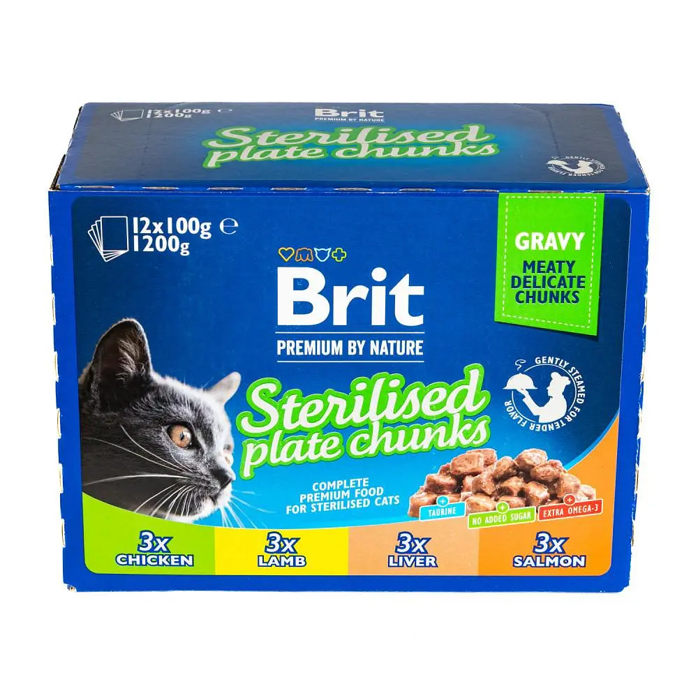 Влажный корм Brit Premium Cat Набор паучей семейная тарелка для стерилизованных кошек, ассорти 4 вкуса, 100 г х 12 шт. - фото 8