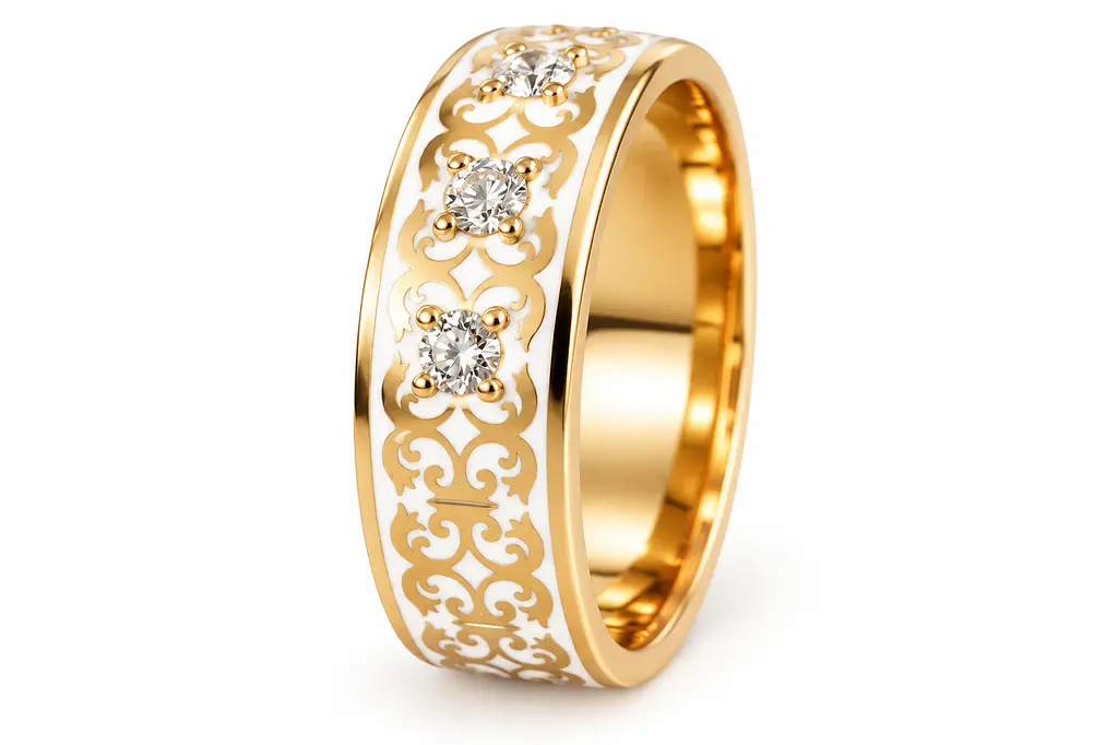 Чоловіча обручка Jewellery Continent з жовтого золота з діамантами та білою емаллю 23 (К-0870) - фото 2