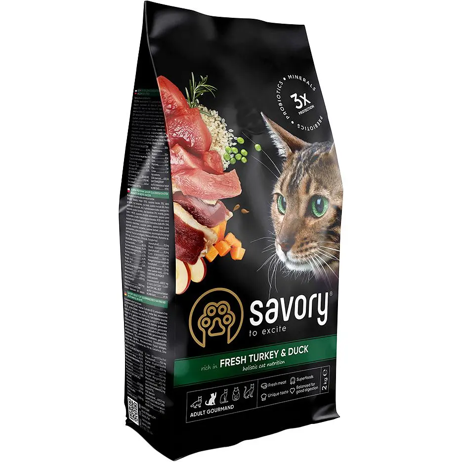 Сухой корм для взрослых котов Savory Adult Cat Gourmand Fresh Turkey & Duck с уткой и индейкой 2 кг - фото 2