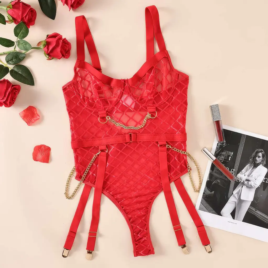 Боді еротичне сітчасте з квітковим принтом з підтяжками поліестер-спандекс M/L Червоне - фото 4