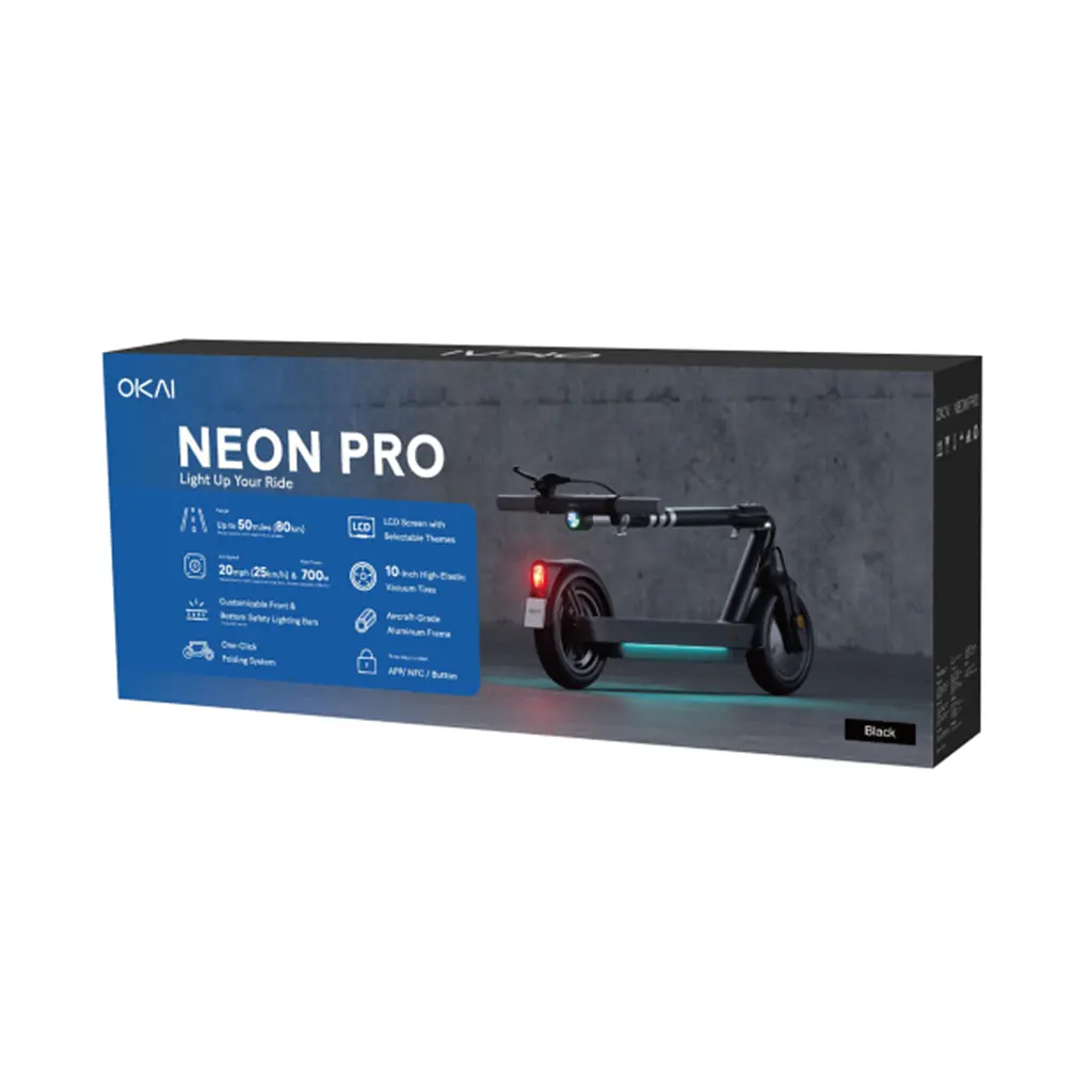 Електросамокат OKAI ES30-NEON PRO Black 10", 350(700)W, 14.7Ah, 80km, 25km\h, 25%, NFC, App, 21kg (ES30-B) - фото 2