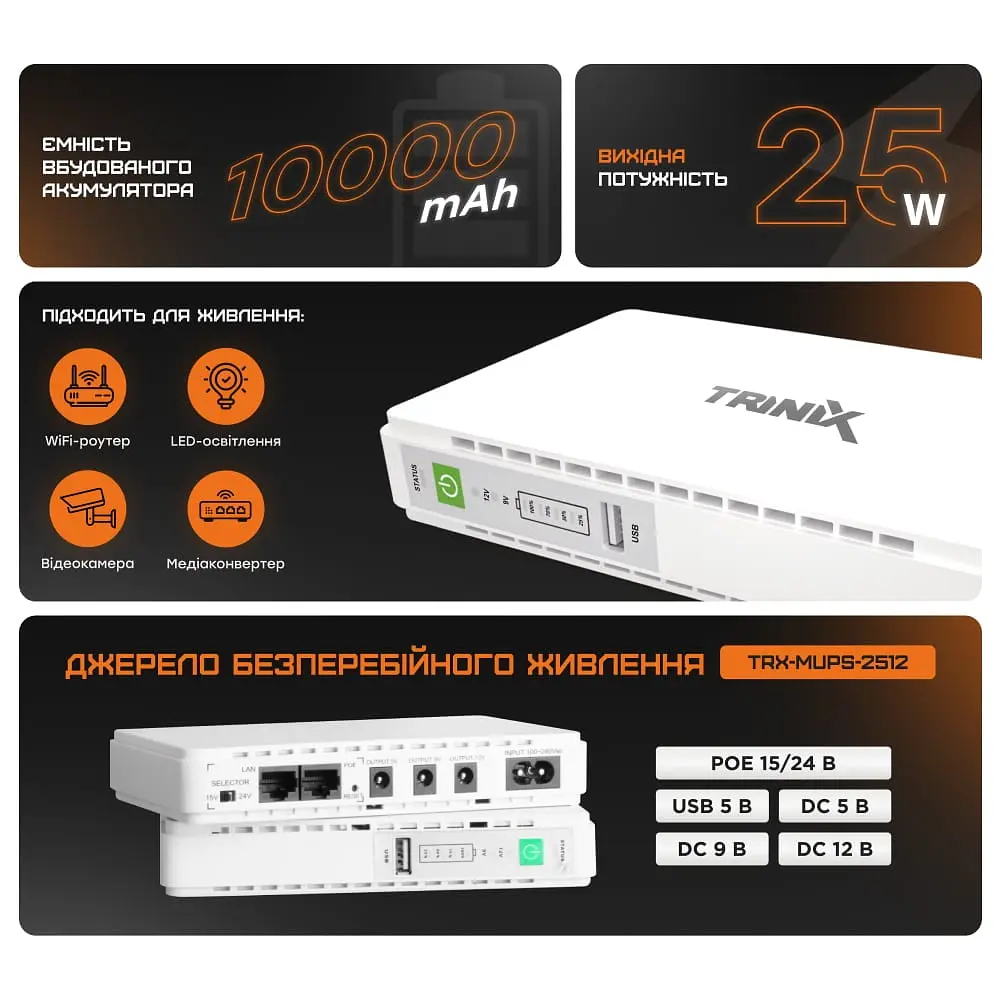 Джерело безперебійного живлення DC UPS Trinix TRX-MUPS-2512 (10000mAh) 5V/9V/12V/15V/24V/PoE, Li-ion 4*2.5Ah, для роутера і медіаконвертера (42-00148) - фото 8