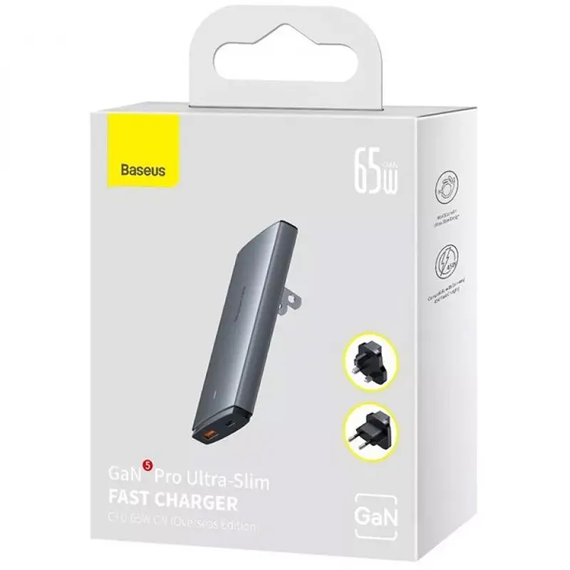 МЗП Baseus GaN5 Pro Ultra-Slim QC 3.0+PD 65W (1USB-A/1C) + кабель Type-C to Type-C (CCGP15011) Gray - фото 5