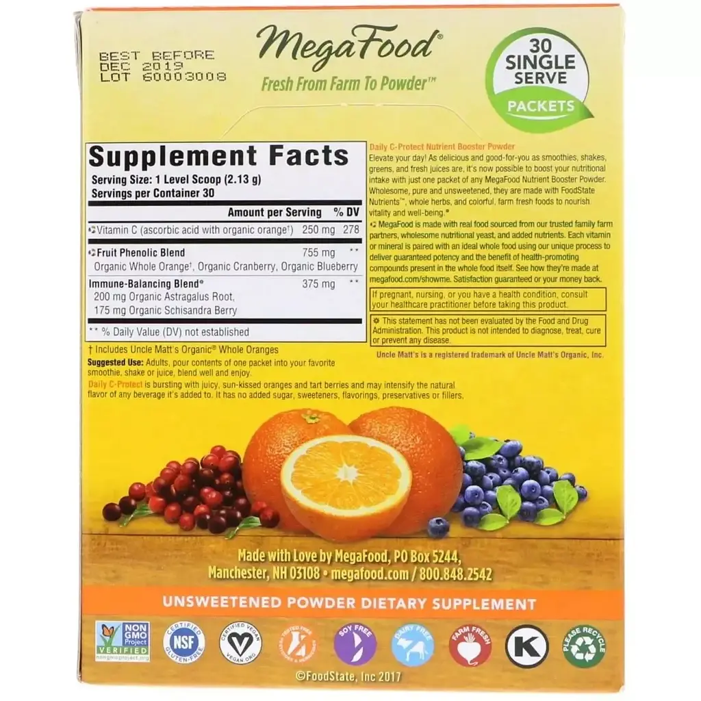 Щоденний комплекс поживних речовин MegaFood Nutrient Booster Powder з вітаміном C без цукру фруктовий смак 30 пакетиків х 2.13 г - фото 2