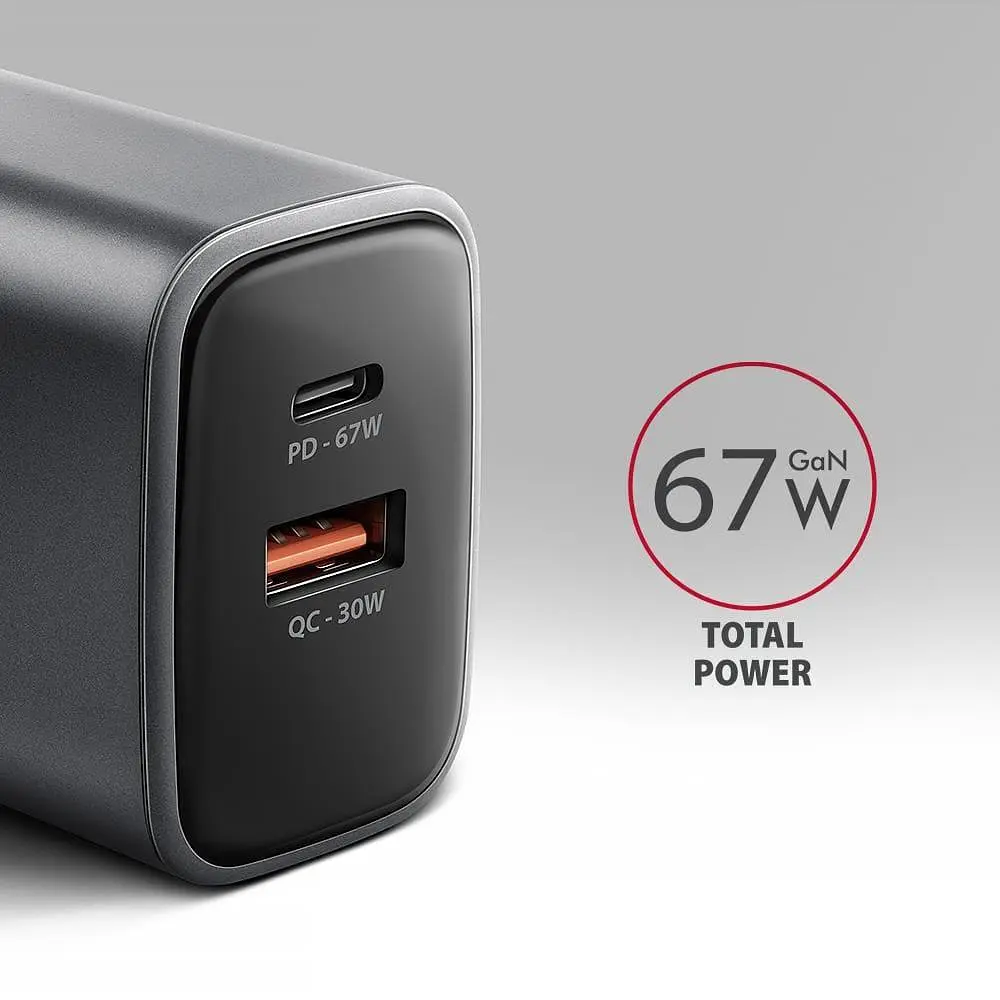Мережевий зарядний пристрій AXAGON ACU-PQ67, 2x port (USB + USB-C), PD3.0/QC4+/PPS/Apple, 67W, сірий - фото 7