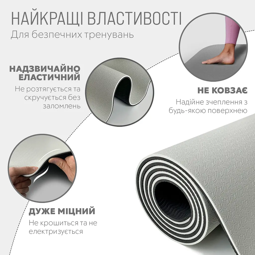 Килимок для йоги та фітнесу EasyFit TPE+TC 6мм двошаровий сірий-чорний - фото 3