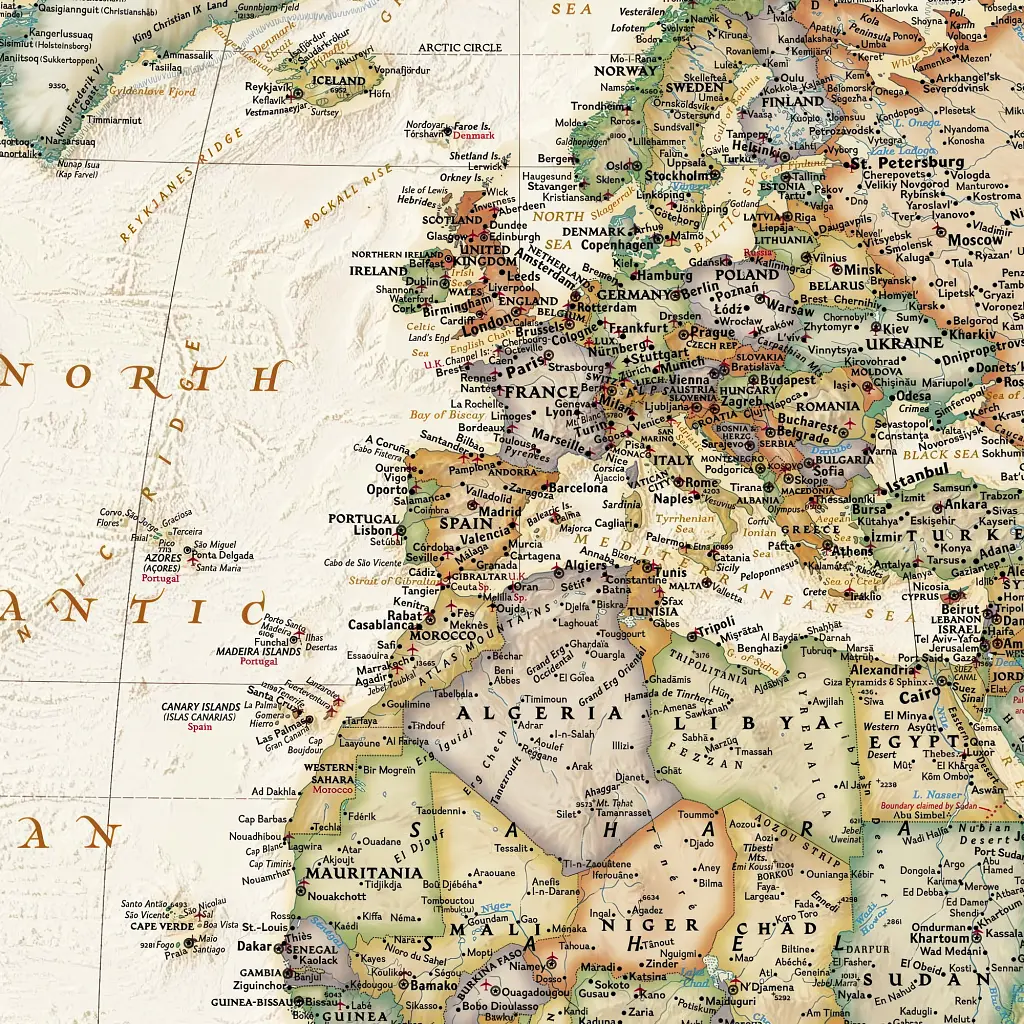 Інтер'єрна картина Географічна карта світу (англ), World Map, 71×106 см (id1208) - фото 4