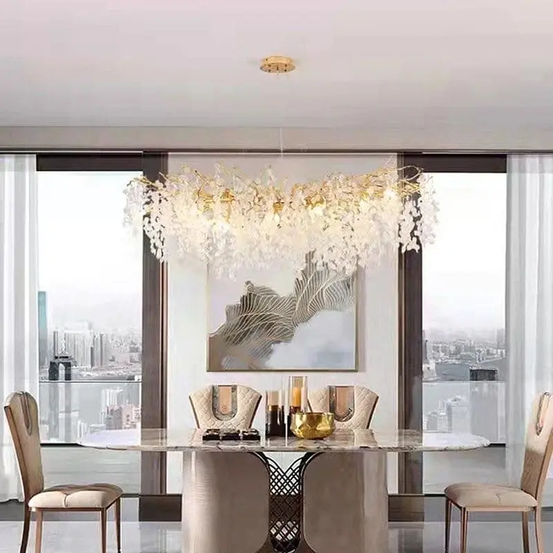 Люстра с белыми подвесками в удлиненном золотом корпусе 125х45 см Ст. 703L-1200 GD+FR | Line F - фото 5