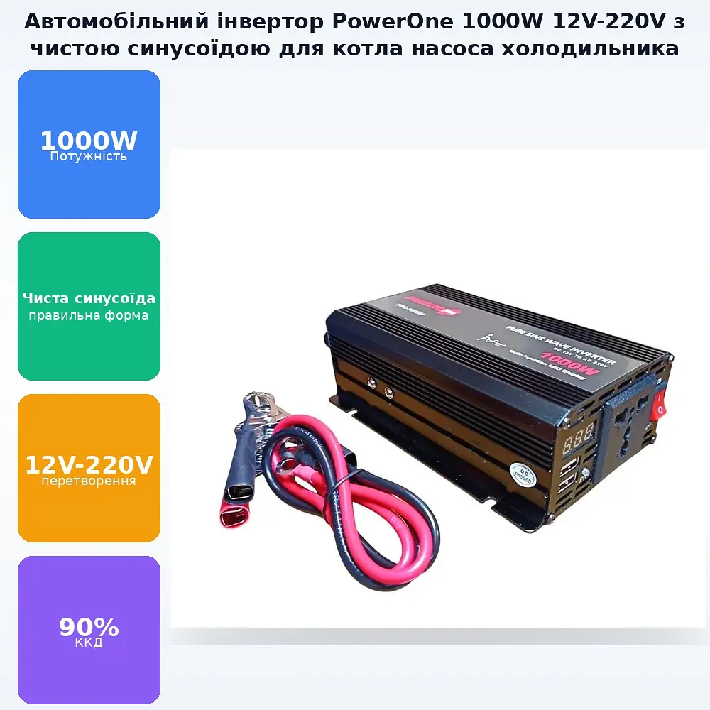 Автомобільний інвертор-перетворювач напруги 12 V-220 V з чистою синусоїдою для котла, насоса та холодильника 1000 W Power One 12 V-220 V 1000 Вт - фото 2