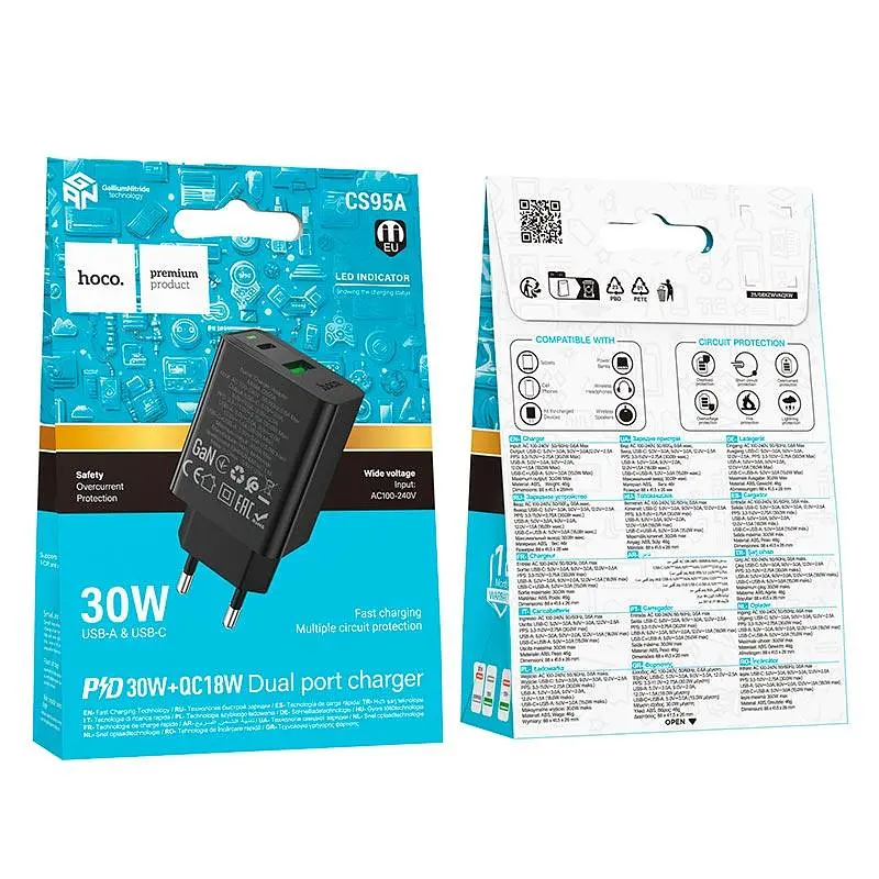Адаптер мережевий HOCO Leader charger CS95A 1USB/1Type-C, PD/QC, 30W/3A - фото 2