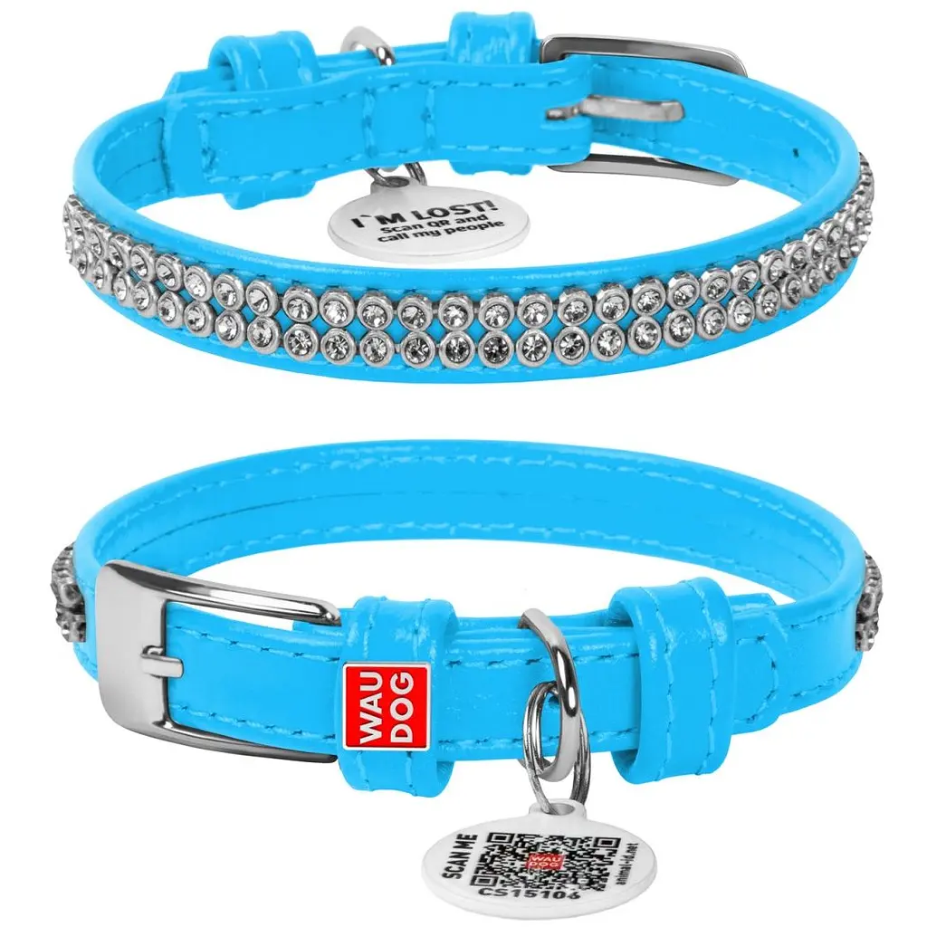 Нашийник для собак Waudog Glamour, шкіряний, зі стразами, з QR паспортом, S, 21-29х1,2 см, блакитний - фото 3