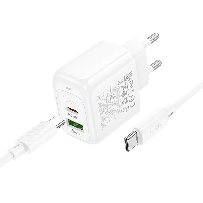 МЗП Hoco CS55A Surplus PD30W+QC3.0 (1USB-A/1C) + кабель Type-C to Type-C White - фото 2