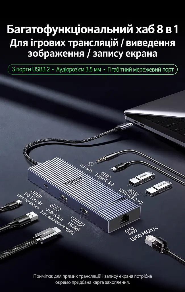 Док-станція зі звуковою картою UGREEN CM880 USB-C 3.2 8 в 1 HDMI 2.0 сірий (55544) - фото 2