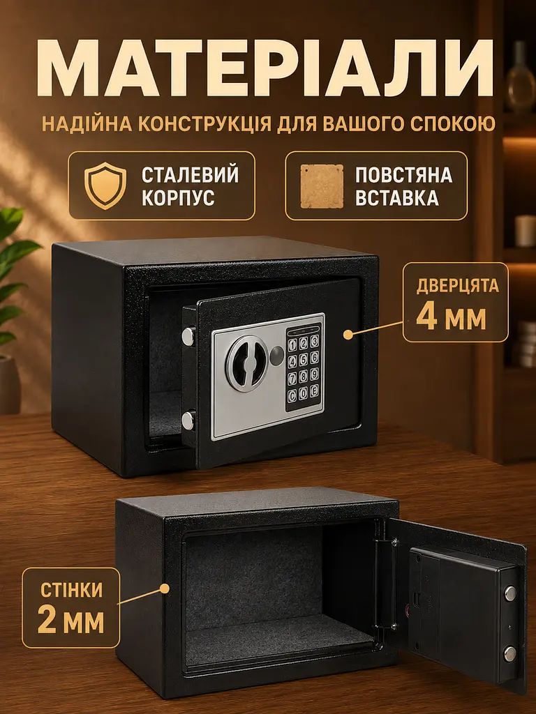 Сейф меблевий електронний з кодовим та ключовим замком 22x17x16, 5 см, чорний (4986955346) - фото 4