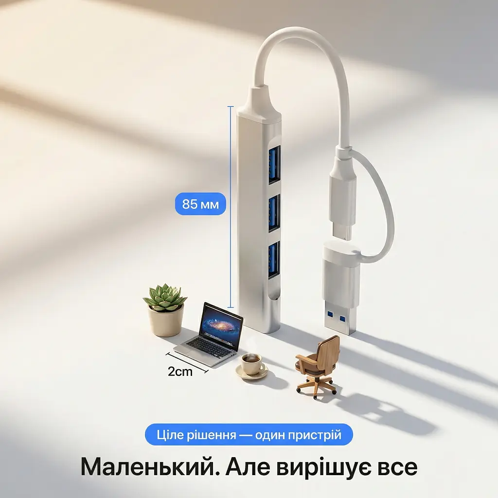 Алюмінієвий USB-хаб 4 порти 1×USB 3.0 + 3×USB 2.0 з підключенням Type-A і Type-C - фото 10