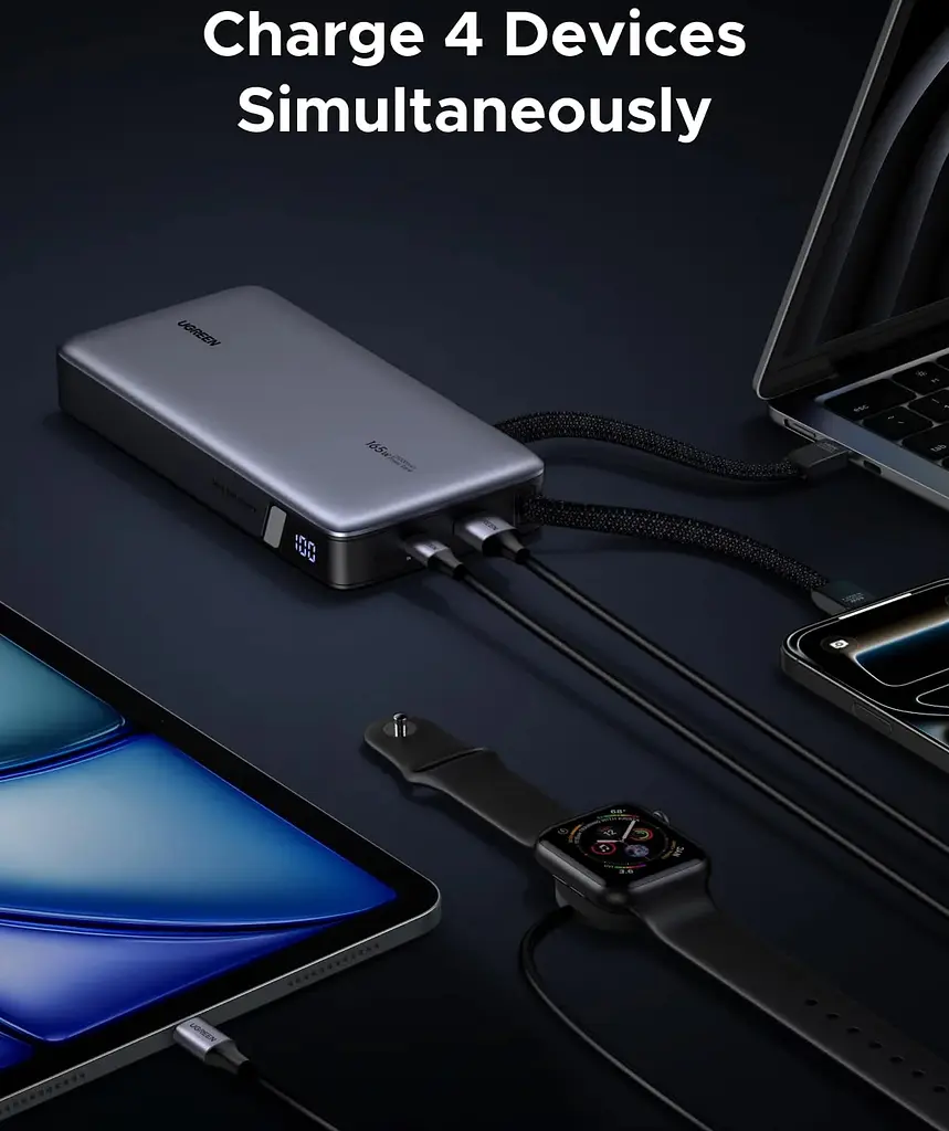 УМБ Ugreen 25000mAh 165W PD3.1/QC, USB-A,USB-С IN/OUT, with built in 2xUSB-C cables (PB552) Gray - фото 5