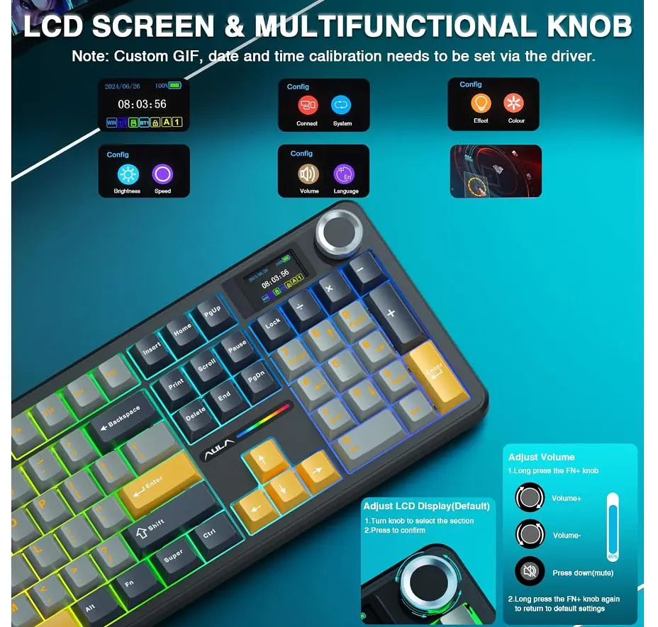Клавіатура ігрова AULA F-108-Pro Wireless Gasket Keyboard Reaper switch, 2.4G, BT, Black - фото 8