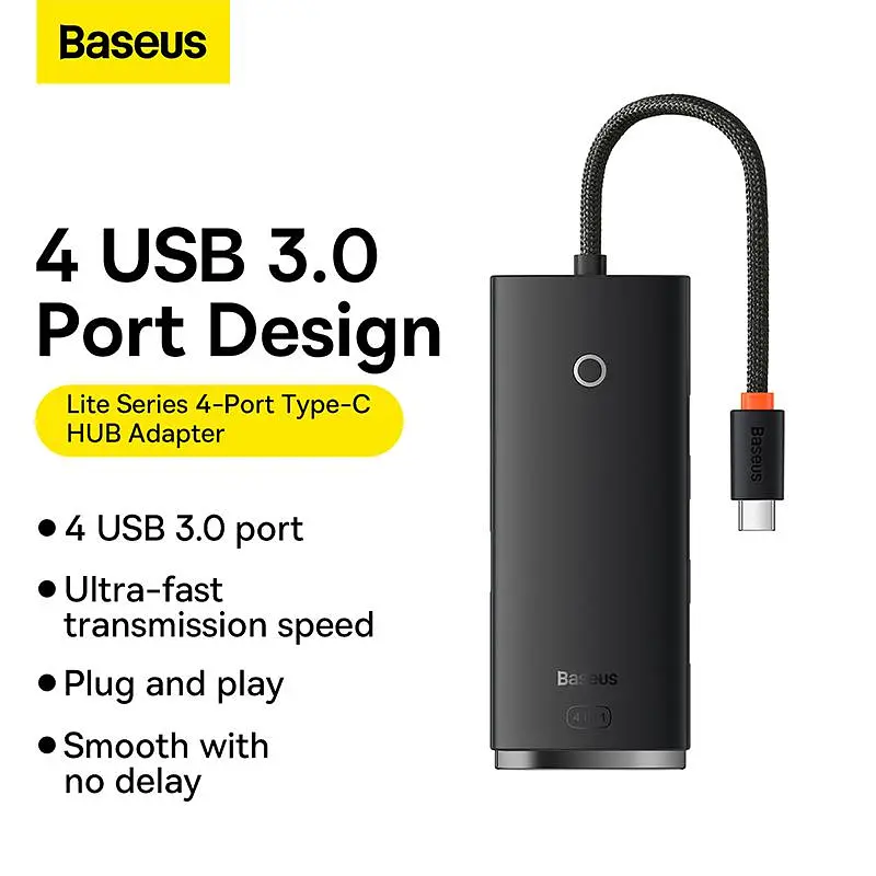 USB-Хаб Baseus Lite Series 4-Port Type-C HUB Adapter (Type-C to USB 3.0*4) 25cm Black (WKQX030301) - фото 8